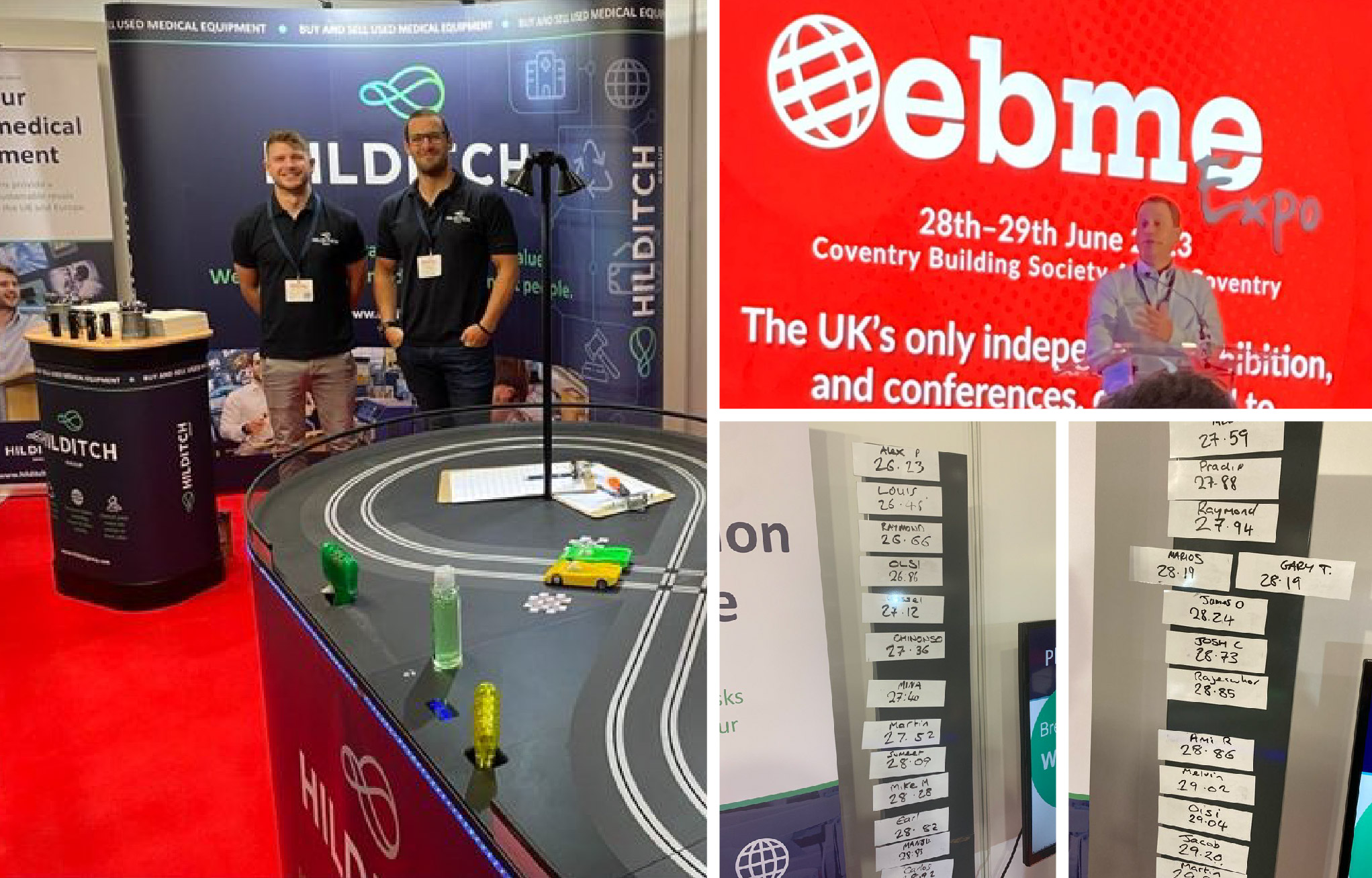 Hilditch Group exhibit at the EBME Expo 2023, showcasing the new look and feel brand, entertaining guests with our Scalextric racing track game and Nick Tait and John Sandham presenting to the audience on waste, the circular economy, and the resale and re-use of medical devices.